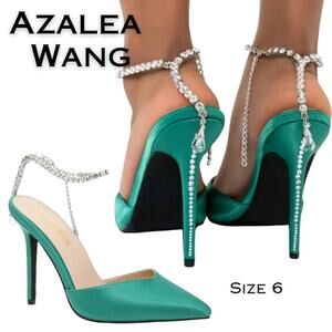 Azalea Wang Ashley Stiletto Heels 6 Green Rhinestone Ankle Strap Pointed Toe